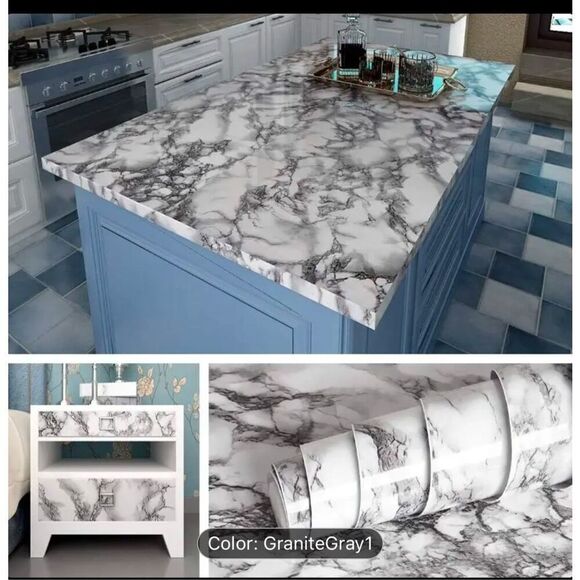 White Gray Marble Contact Paper Countertops Removable Glossy peel n stick - Picture 1 of 4